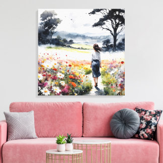 Field of Dreams – Watercolor Woman in Wildflower M Canvas Print