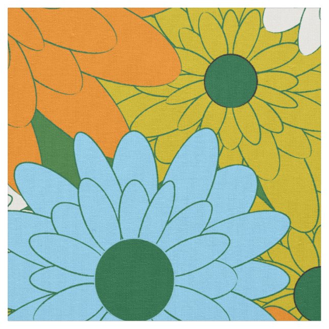 Field of Flowers Green Retro Print Fabric (Close Up)
