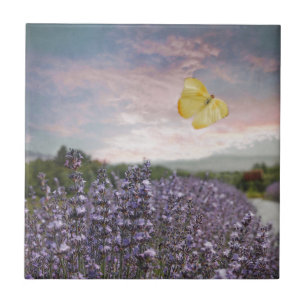 Field of Lavender Flowers, Blue Sky, Pink Sunset, Tile