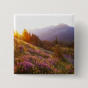 Field of lupine and Olympic Mountains at 2 Inch Square Button