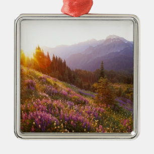 Field of lupine and Olympic Mountains at Metal Ornament