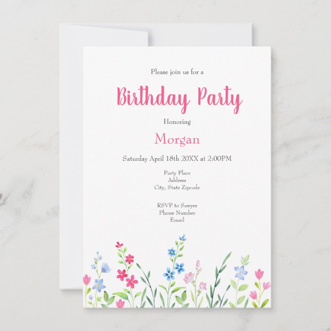 Field of Mixed Watercolor Wildflowers Invitation (Front)