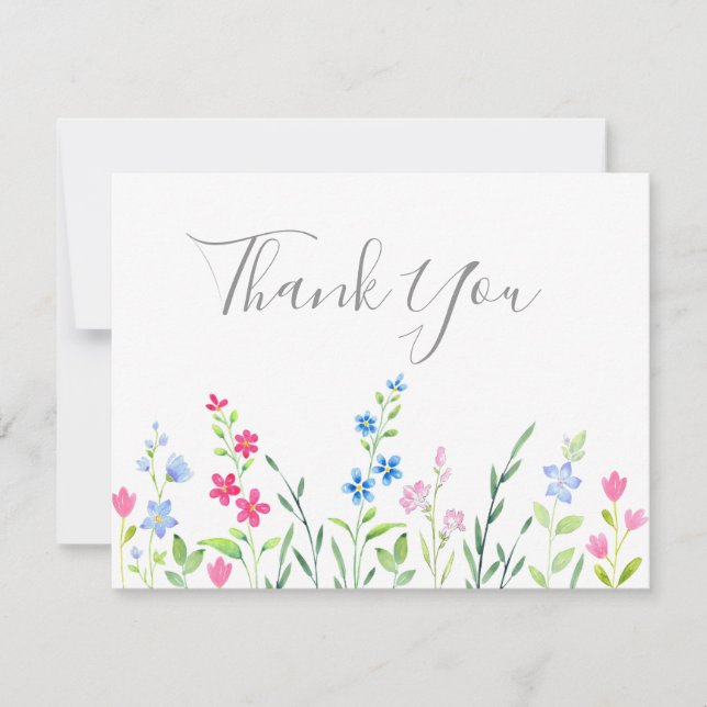 Field of Mixed Watercolor Wildflowers  Thank You Card (Front)