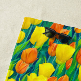 Field of Orange and Yellow Tulips Beach Towel