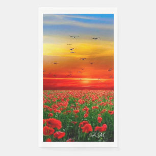 field of poppies against the backdrop of a red sun napkin