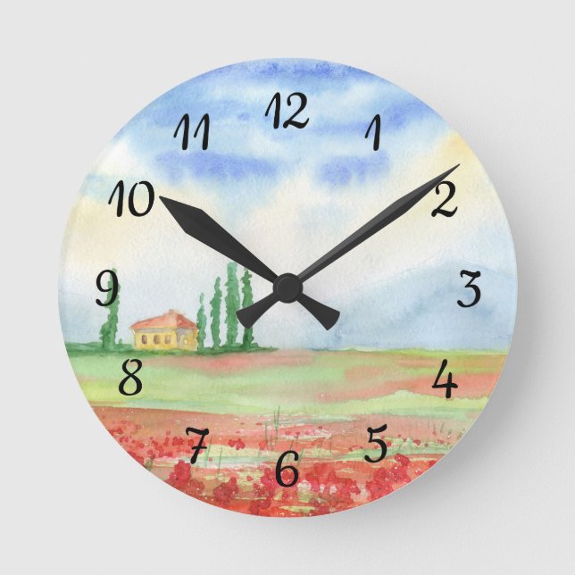 Field of poppies in Tuscany Round Clock (Front)