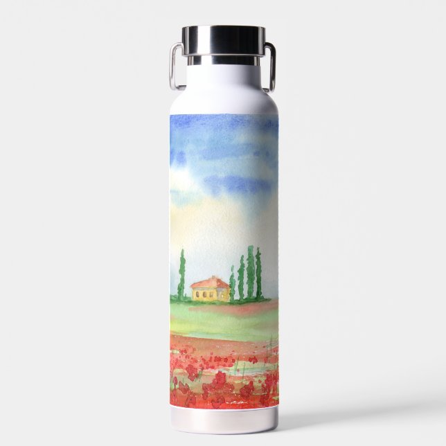Field of poppies in Tuscany Water Bottle (Front)