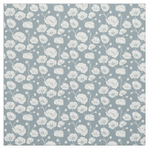 Field of Poppies white on blue Fabric