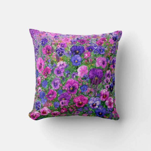 Field of Purple Pansies Throw Pillow (Front)