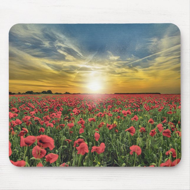 Field Of Red Flowers At Sunset Mouse Pad (Front)