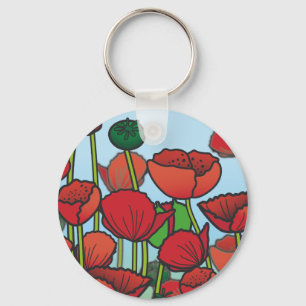 Field of red Poppy flowers Keychain