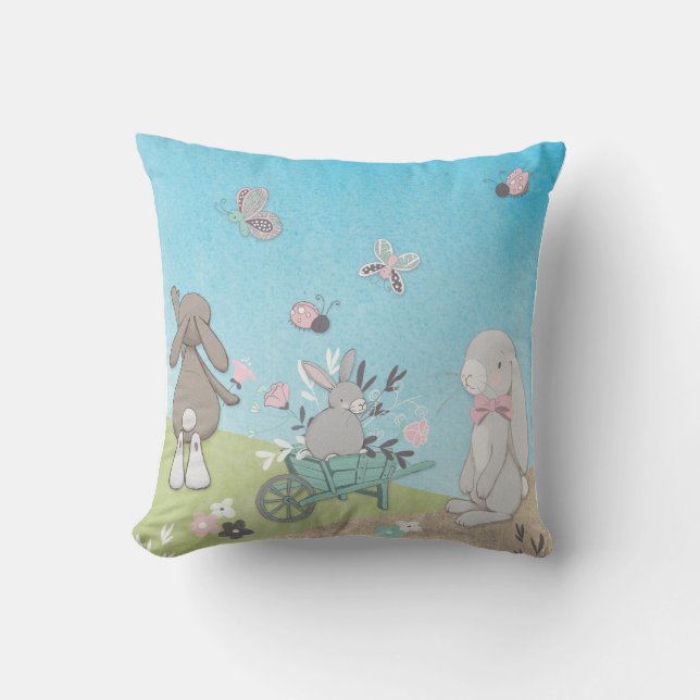 Field of spring bunnies throw pillow (Front)