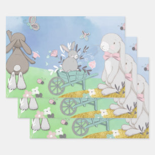 Field of spring bunnies wrapping paper sheet