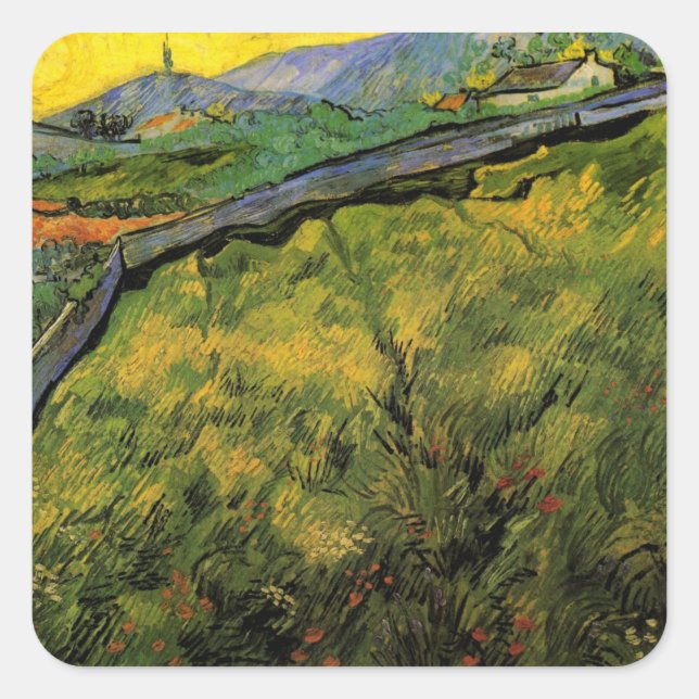 Field of Spring Wheat, Sunrise by Vincent van Gogh Square Sticker (Front)