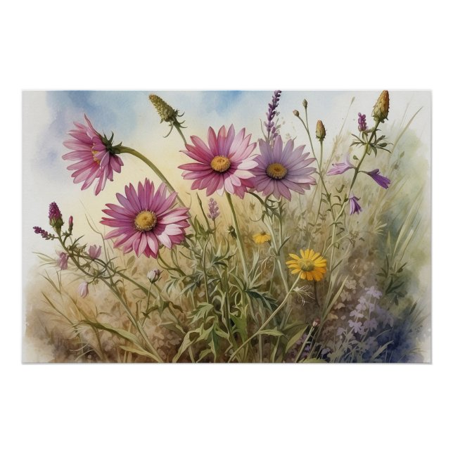 Field of Summer Wildflowers Nature Illustration  Poster (Front)
