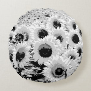Field of Sunflowers - black, white and grey Round Pillow