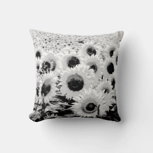 Field of Sunflowers - black, white and grey Throw Pillow