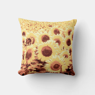 Field of Sunflowers - brown, gold and yellow Throw Pillow