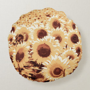 Field of Sunflowers - sepia tone, camel & brown Round Pillow
