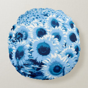 Field of Sunflowers - shades of blue Round Pillow