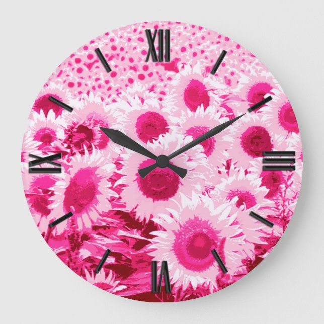 Field of Sunflowers - shades of fuchsia pink Large Clock (Front)