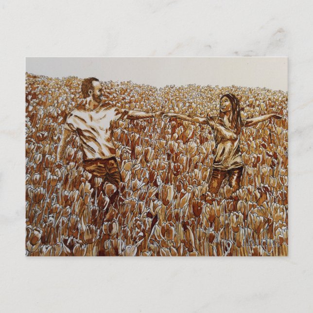Field of tulips coffee & ink sketch postcard (Front)