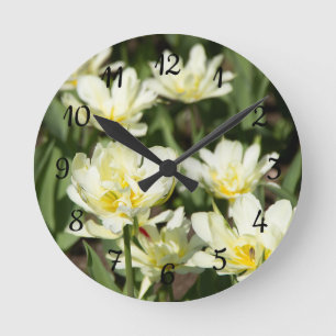 Field of white tulips Photo Round Clock