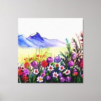 Field of Wildflowers at the foot of a Mountain Canvas Print