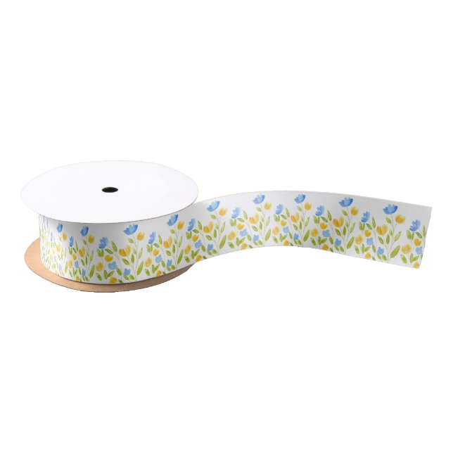 Field of Yellow Blue Flowers Satin Ribbon (Spool)