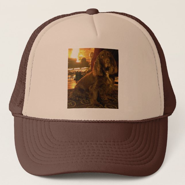 Field spaniel by fireplace trucker hat (Front)