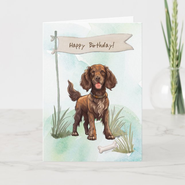 Field Spaniel Dog Outdoors Under Birthday Sign Card (Front)