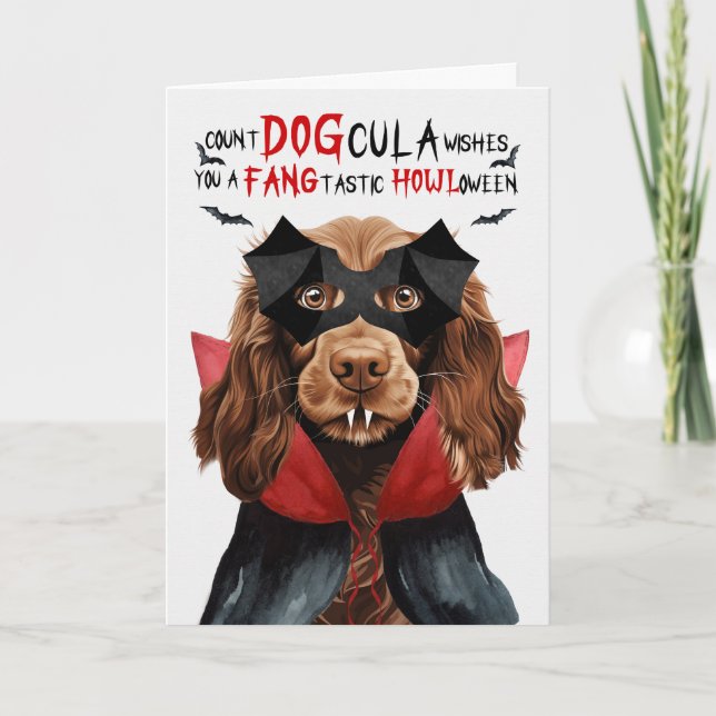 Field Spaniel Funny Count DOGcula Halloween Holiday Card (Front)