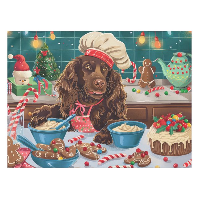 Field Spaniel Holiday Baking: Festive Christmas Tablecloth (Front (Horizontal))