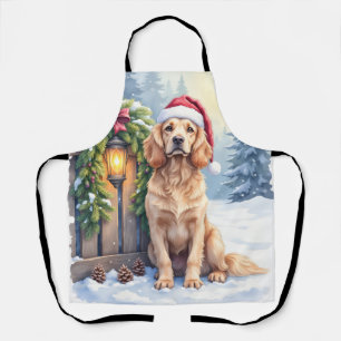 Field Spaniel Snowy Fence Santa Hat Christmas Art Apron