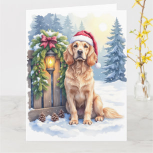 Field Spaniel Snowy Fence Santa Hat Christmas Art Card