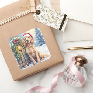 Field Spaniel Snowy Fence Santa Hat Christmas Art Square Sticker