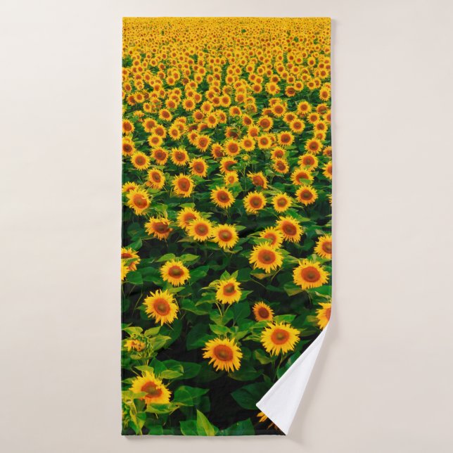 Field with bright yellow sunflowers in sunny day.  bath towel (Bath Towel)