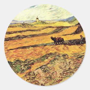 Field with Ploughman and Mill by Vincent van Gogh Classic Round Sticker
