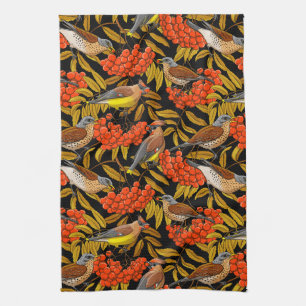 Fieldfares and waxwings on rowan bunches kitchen towel