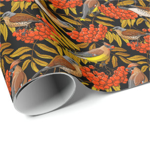 Fieldfares and waxwings on rowan bunches wrapping paper