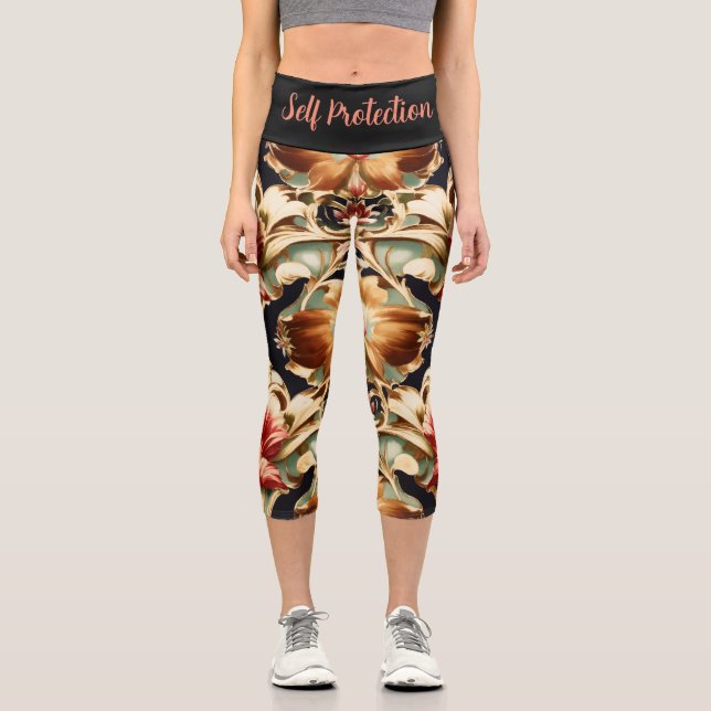 Fierce Baroque Pearl & Floral Art Deco Tiled Motif Capri Leggings (Front)