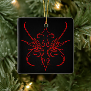 Fierce Black and Red Tribal Line Art Illustration Ceramic Ornament