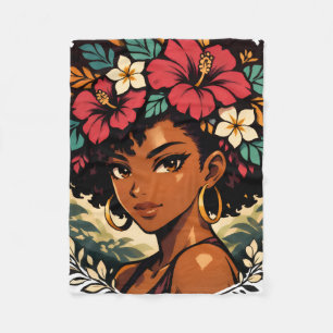 Fierce Black Girl Anime Portrait Fleece Blanket