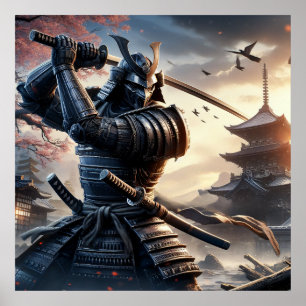 Fierce Black Samurai Warrior in Traditional Armour Poster