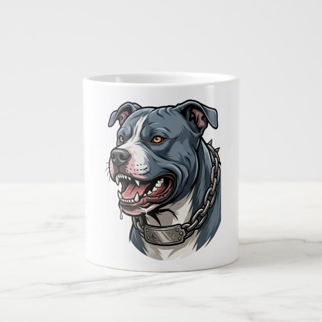Fierce Blue Grey Pit Bull with Spiked Chain Collar Large Coffee Mug (Front)