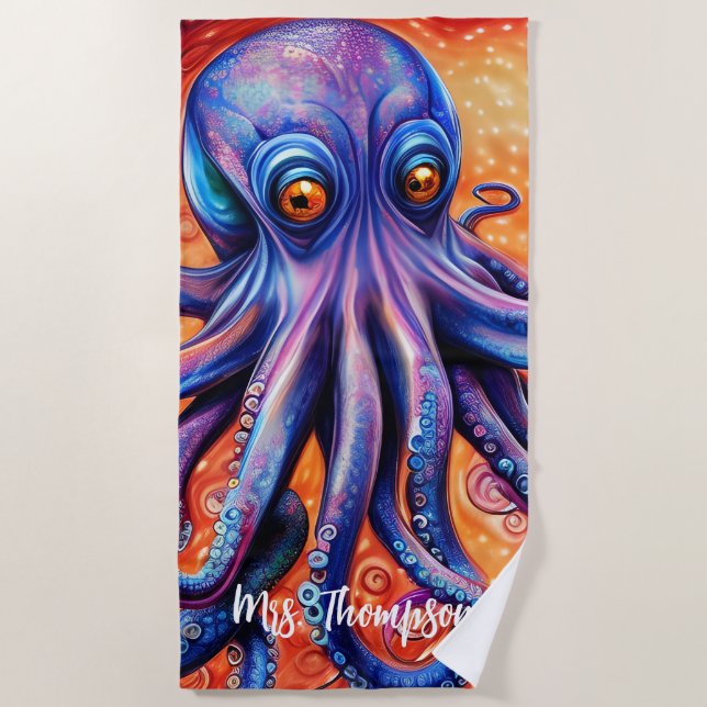 Fierce Blue Watercolor Octopus with Custom Beach Towel (Front)