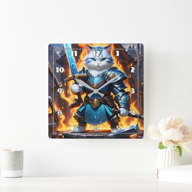 Fierce Cat Warrior in Battle Armour With Sword Square Wall Clock (Home)