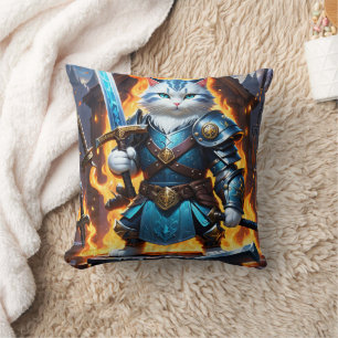 Fierce Cat Warrior in Battle Armour With Sword Throw Pillow