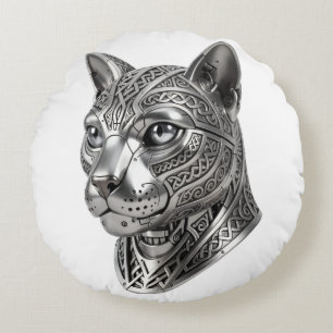 Fierce Celtic Silver Cat Head – Stealth Warrior To Round Pillow