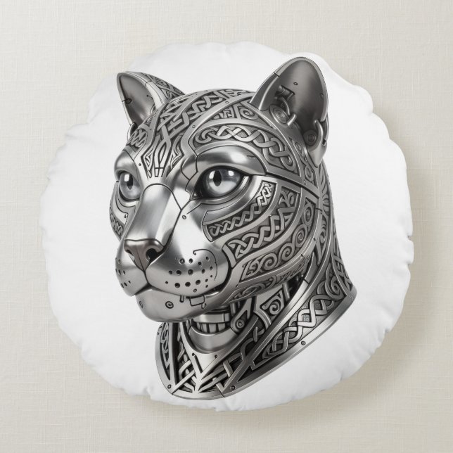 Fierce Celtic Silver Cat Head – Stealth Warrior To Round Pillow (Front)